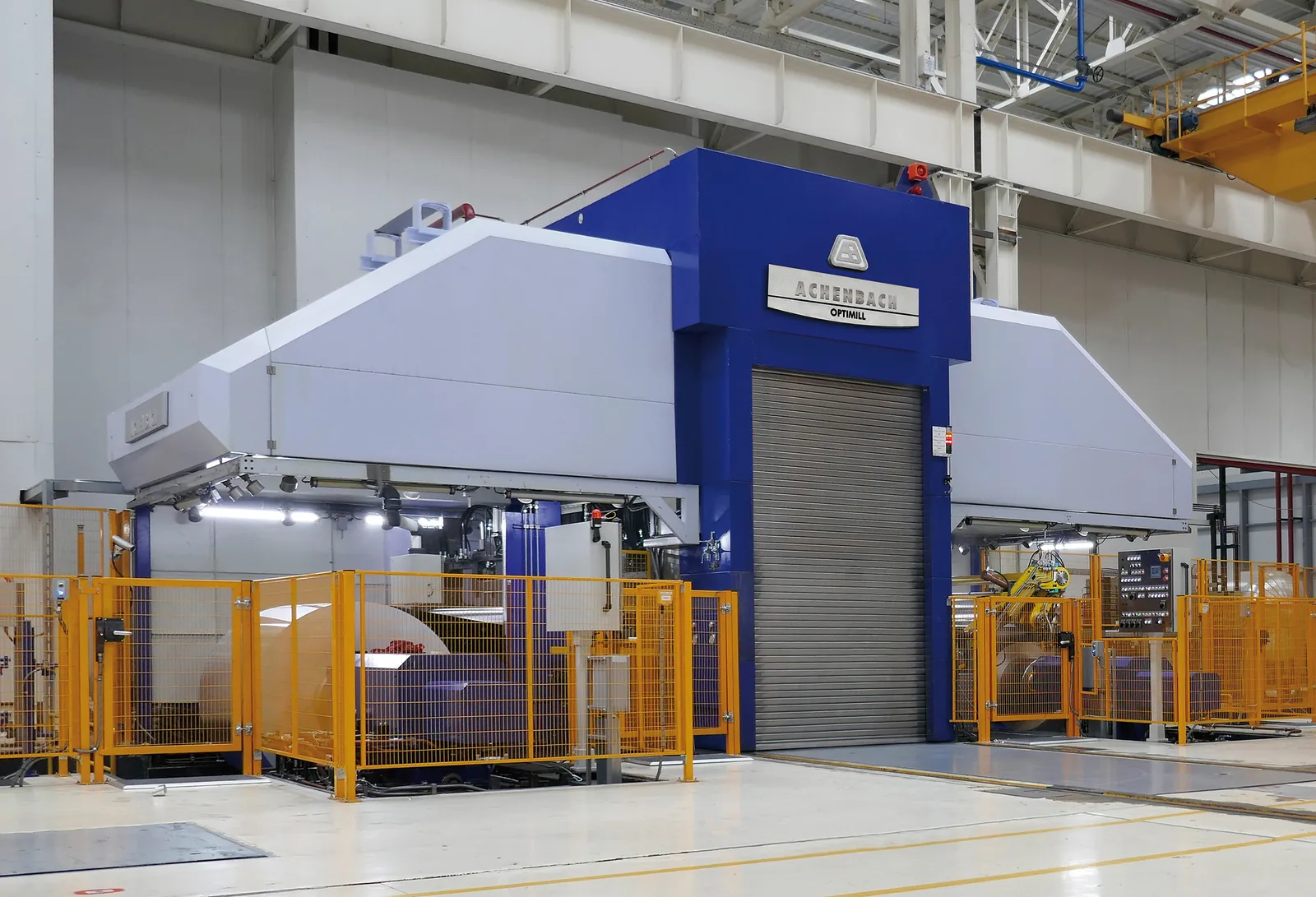 Achenbach OPTIMILL foil rolling mill with wide aluminium rolls inside an industrial production line